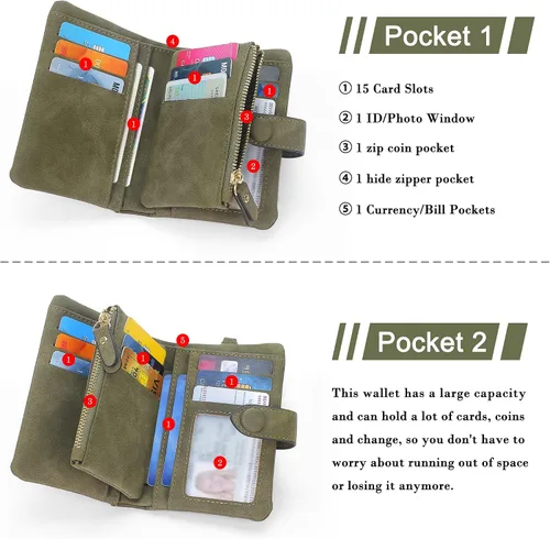 Vista 3 de Billeteras con bloqueo RFID para mujer, de gran capacidad, de cuero suave, cartera pequeña con correa para la muñeca, Verde oliva, Casual
