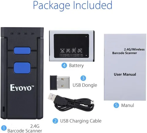 Vista 7 de Eyoyo Mini escáner de código de barras inalámbrico 1D Bluetooth, Bluetooth 3 en 1 y conexión inalámbrica y cableada 2.4G, lector de código de barras