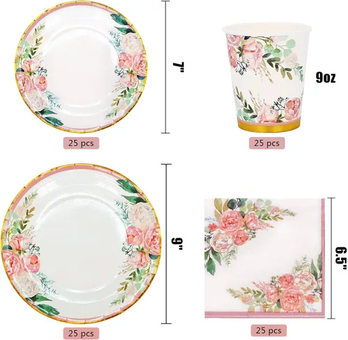 Vista 9 de Boosolo Suministros florales para fiestas, juegos de platos de papel y servilletas para 24 invitados, incluye platos de papel desechables florales