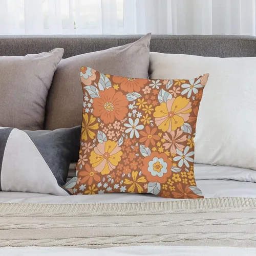 Vista 5 de Juego de 2 fundas de almohada florales retro de los años 70, Groovy Funky Hippie Flor Naranja Estética Boho Fundas de Almohada de 16 x 16 pulgadas