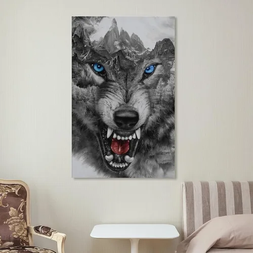 Vista 7 de Rucatto Póster de animales en blanco y negro con cabeza de lobo enojado salvaje y ojos azules, impresiones artísticas en lienzo para decoración