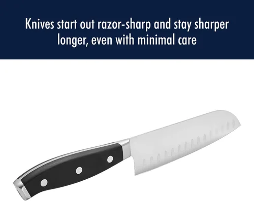 Vista 10 de Henckels Cuchillo Santoku Forjado Premio de Borde Hueco, 7 pulgadas, Negro/Acero Inoxidable
