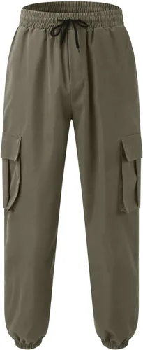 Vista 2 de Pantalones cargo de sarga para hombre, estilo casual, con cordón de algodón, elásticos, elásticos, con múltiples bolsillos