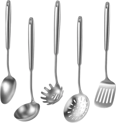 Vista 16 de Newness - Juego de utensilios de cocina de acero inoxidable 304, accesorios de cocina de metal, incluye cucharón de sopa, cuchara ranurada, cuchara