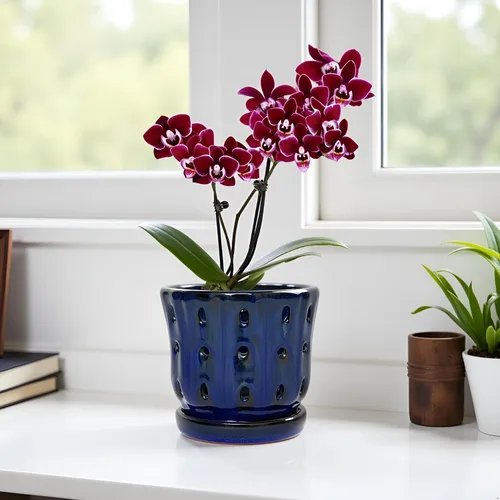 Vista 9 de Ceramic Orchid Pots with Holes 5'' Orchid Planter Set of 2 Azul oscuro