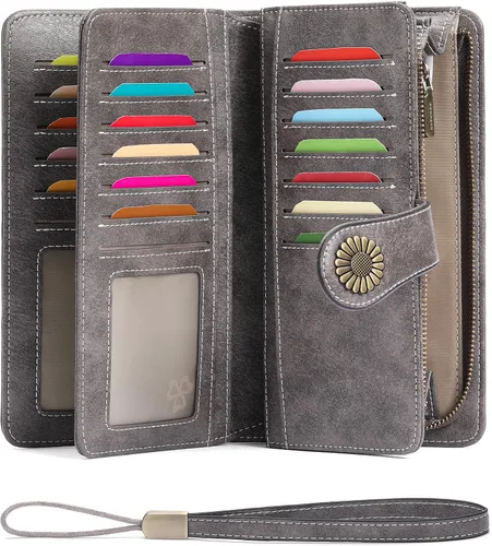 Vista 13 de SENDEFN Billeteras de cuero para mujer, tarjetero de crédito con bloqueo RFID, pulsera de gran capacidad with RFID Blocking, Large Capacity