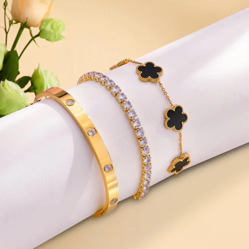 Vista 6 de Pulseras de oro para mujer - 4 piezas/3 piezas, juego de pulseras de tenis de 18K de oro chapado, elegantes pulseras de oro no manchadas de acero
