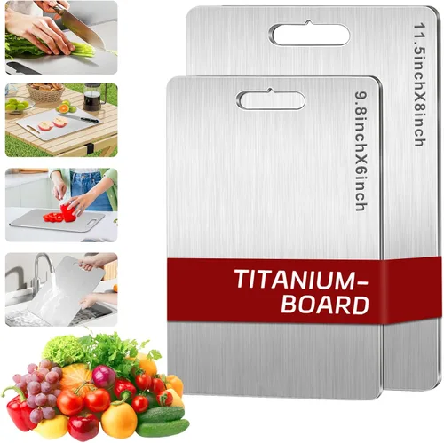 Vista 10 de Juego de 3 tablas de cortar de titanio, 3 tablas de cortar de acero inoxidable, tablas de cortar antiadherentes de doble cara de grado alimenticio