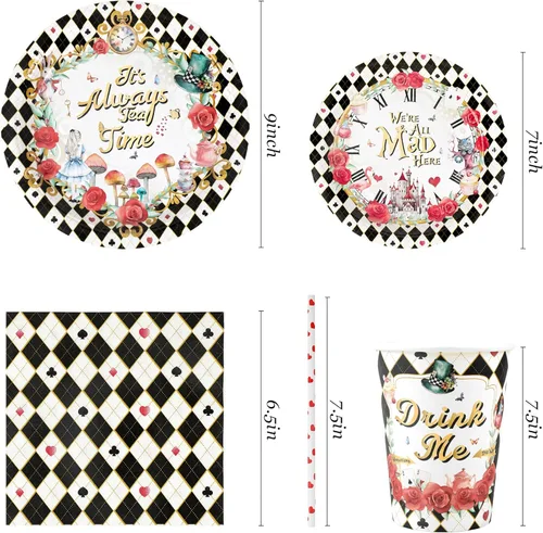 Vista 2 de Decoraciones para la fiesta del té de Alicia - Platos de papel para baby shower, servilletas, tazas y pajitas para 24 invitados, juego de vajilla