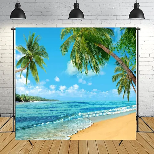 Vista 8 de Fondo tropical de verano para fotografía de palmera o playa de Hawaii, 7 x 5 pies, cielo marino azul, sol, Luau, fiesta, fondo de foto, boda, novia
