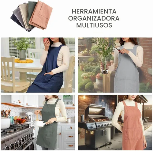 Vista 6 de ELEZAY Delantales para mujer con bolsillos, talla grande, cómodo, espalda cruzada, sin lazo, delantal de lino y algodón Gris