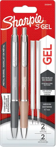 Vista 5 de Sharpie S-Gel Bolígrafos de gel metálicos Punta media (0.7mm) Gris acero y oro rosa Tinta azul 2 bolígrafos y 2 recargas