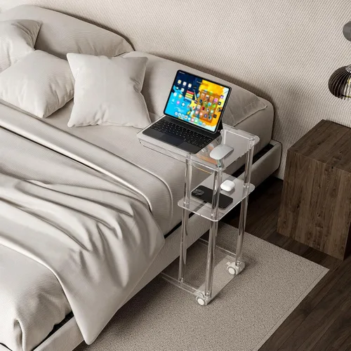Vista 6 de HMYHUM Mesa de acrílico en forma de C con ruedas, mesa auxiliar transparente para sofá, sala de estar, dormitorio, mesa deslizante debajo del sofá