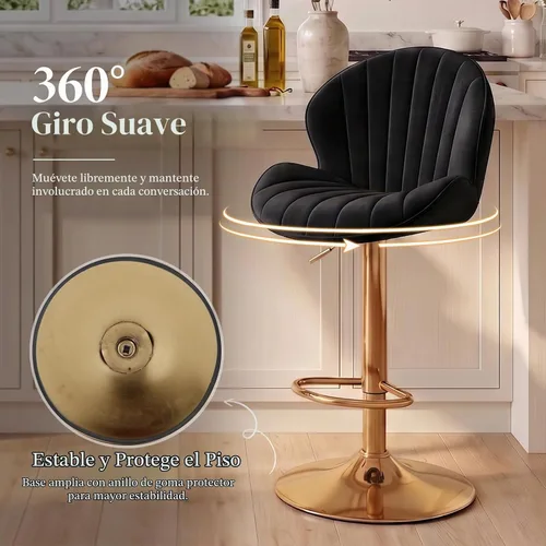 Vista 6 de CIMOTA Juego de 2 taburetes de bar negros y dorados de altura ajustable, taburetes de bar giratorios modernos con forma de concha, taburetes