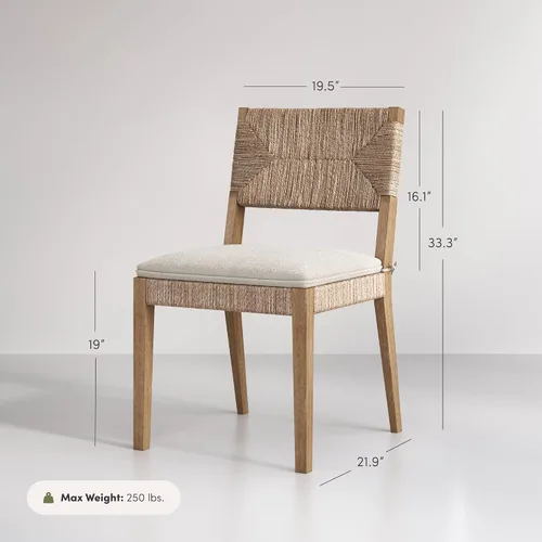 Vista 2 de Nathan James Silla de comedor Beacon Boho, silla de comedor Boucle con acento de fibra de mar y patas de madera maciza, crema Boucle/marrón claro