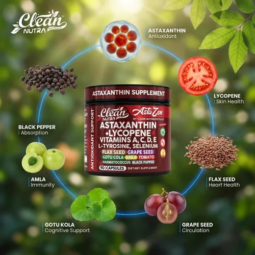Vista 8 de Clean Nutra Astaxantina Suplemento de licopeno de 12 mg con vitamina A C D3 E, L-tirosina, selenio, lino, semilla de uva, gotu kola, amla, pimienta