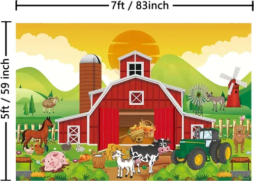 Vista 2 de Telón de fondo rojo de granero para niños, decoración de fiesta de cumpleaños, dibujos animados de animales de granja, granero, fondo de fotografía