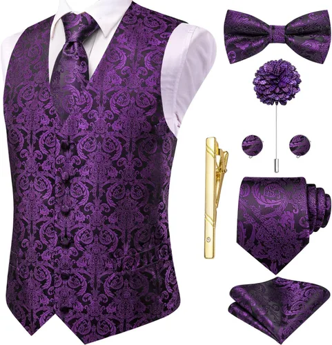 Vista 42 de Hi-Tie Chaleco de traje de seda para hombre, corbata y corbatín de solapa, clip de corbata dorado, chaleco floral de cachemira, 8 piezas, conjunto