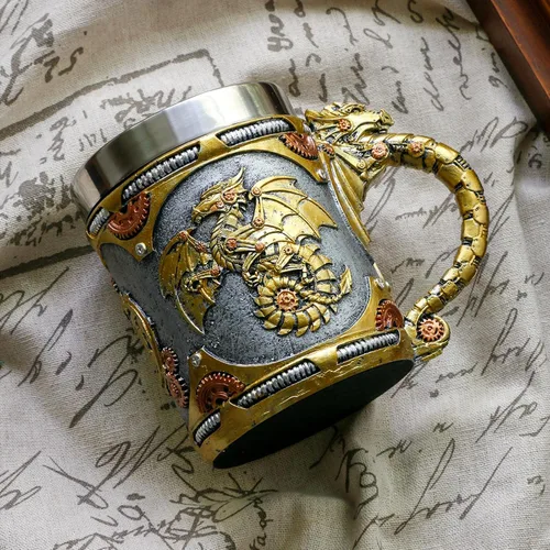 Vista 8 de alikiki Taza medieval steampunk de dragón, 15.8 onzas, dragones mecánicos renacentistas, cerveza, jarra, jarra, taza de café inoxidable, taza