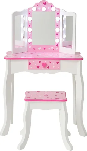 Vista 12 de Teamson Kids Juego de tocador de estrellas con luces LED para niñas, mesa de maquillaje rosa de 2 piezas para niños con espejo, 3 cajones