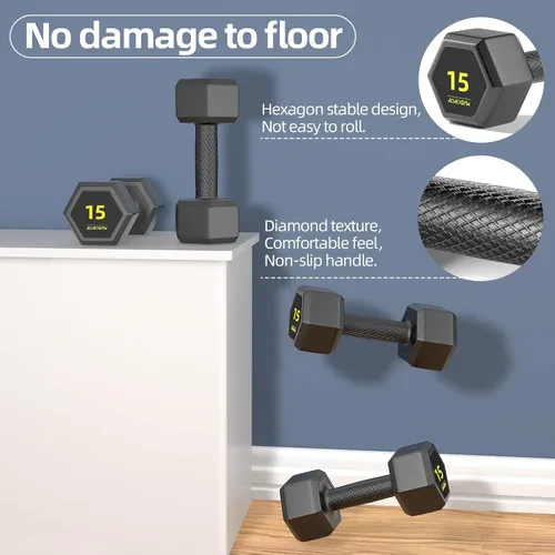 Vista 3 de Juego de mancuernas hexagonales de PVC, revestimiento de PVC, juego de mancuernas para entrenamiento de fuerza, gimnasio en casa y entrenamiento