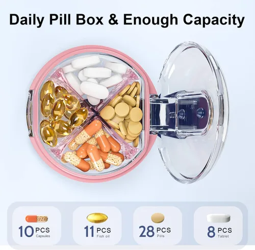 Vista 3 de AV00Z - Organizador de pastillas de viaje de 4 compartimentos, lindo pastillero pequeño, farmacia de bolsillo para bolso o bolsillo, pastillero