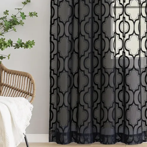Vista 7 de Cortinas traslúcidas de encaje negro para sala de estar, dormitorio, 63 pulgadas de largo, juego de tratamiento geométrico para ventana, diseño