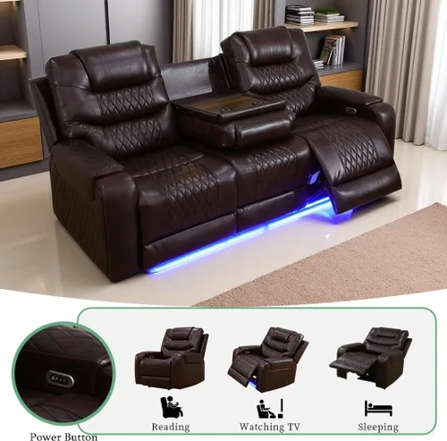 Vista 115 de Juego de sofá reclinable eléctrico, seccional de cuero transpirable beige, juego de muebles de sala de estar, 2 piezas, sofá reclinable eléctrico