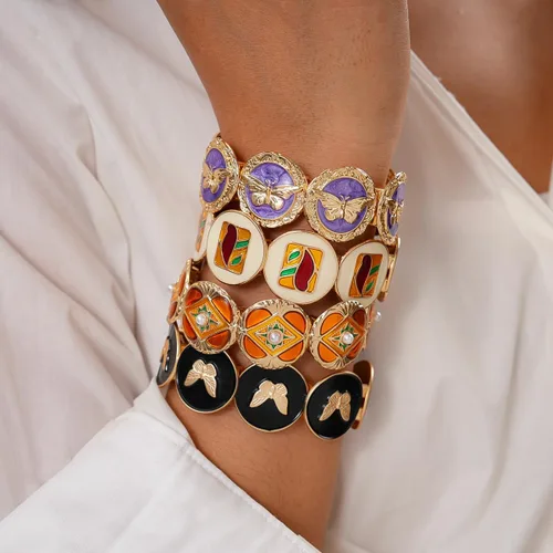 Vista 5 de Pulsera de oro para mujer, pulseras Strecth con círculo geométrico a la moda, joyería de tendencia de mariposa