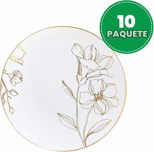 Vista 2 de Plasticpro - Platos de fiesta con diseño floral de plástico blanco con borde dorado, platos desechables pesados, elegantes y de alta calidad