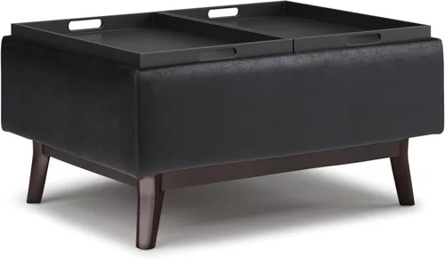 Vista 4 de SIMPLIHOME Owen Tray Top - Otomana pequeña de almacenamiento para mesa de centro – otomana rectangular tapizada de cuero vegano de 34 pulgadas