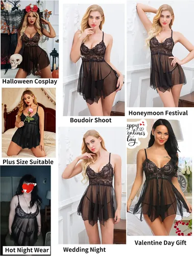 Vista 2 de Camisón Avidlove babydoll de encaje lencería sexy camisón de malla ropa de noche para mujer