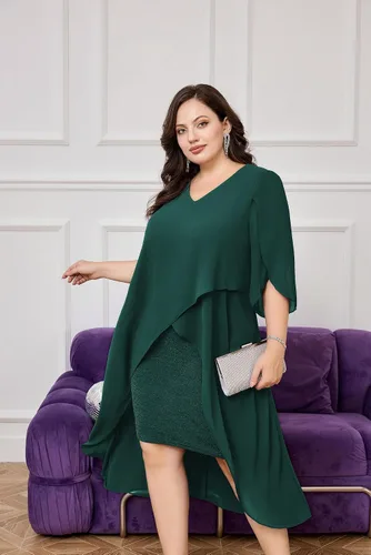 Vista 6 de Hanna Nikole Vestido de cóctel de gasa para mujer, talla grande, con volantes, manga 34, vestidos de fiesta de invitados de boda con dobladillo alto