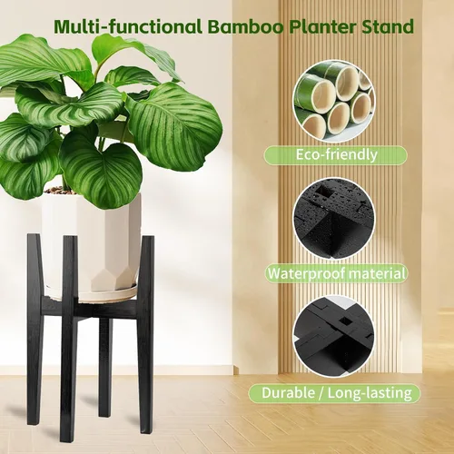 Vista 6 de Soporte ajustable de bambú para plantas de interior, estante moderno para flores con compatibilidad de maceta de 8 a 12 pulgadas, diseño de esquina