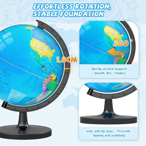 Vista 6 de Globo de 33 cm para niños y adultos, globo mundial interactivo para niños con base estable de metal pesado, superficie HD impermeable y escribible