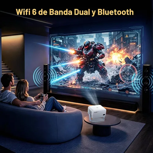 Vista 6 de Proyector para exteriores con Netflix integrado, soporte 4K, proyector inteligente de brillo 3500 con WiFi y Bluetooth, enfoque automático y Plateado