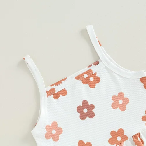 Vista 17 de Ropa de verano para bebé niña, sin mangas, estampado floral, correa acanalada, parte superior acampanada, pantalones de 2 piezas