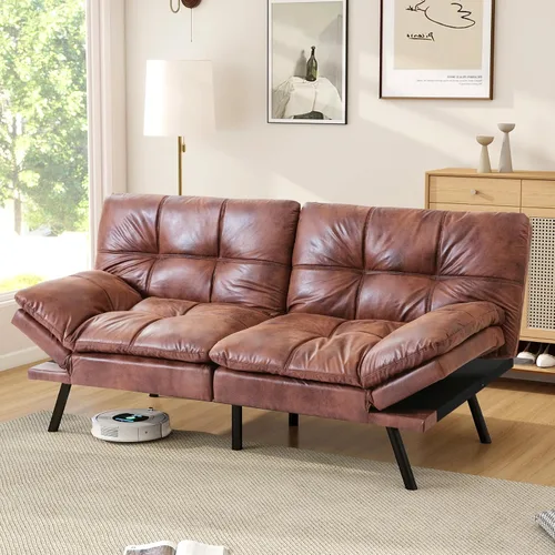 Vista 8 de Opoiar Sofá cama de piel sintética, futón de espuma viscoelástica, plegable, sofá compacto acolchado con patas de metal, moderno sofá biplaza Marrón