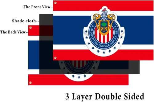 Vista 3 de YukaBa Bandera de 3 capas de doble cara para fanáticos de Chivas, bandera de Guadalajara de 3 x 5 pies, bandera de fútbol de México/Futbol