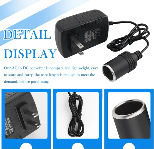 Vista 3 de Convertidor de CA a CC de 2 A, 24 W, adaptador de encendedor de cigarrillos de CA a CC a enchufe de pared de 100-240 V a 12 V, adaptador multiusos