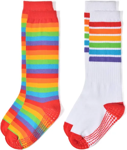 Vista 2 de EPEIUS Calcetines altos a la rodilla con rayas arco iris para bebé, medias de tubo antideslizantes, calcetines de fútbol para niños pequeños y niños