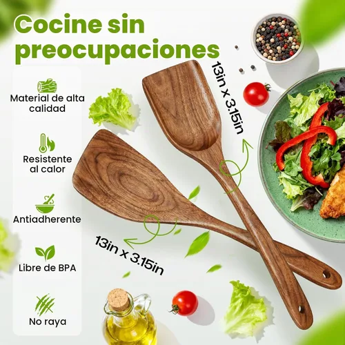 Vista 3 de AIUHI Juego de espátulas de madera de teca de 2 piezas, espátulas de cocina de madera para voltear, freír y servir, utensilios de cocina de madera