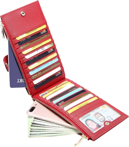 Vista 5 de Badiya Billetera para mujer con bloqueo RFID, con patrón de múltiples tarjeteros, A-Clásico-Rojo, Classic