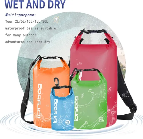 Vista 6 de IDRYBAG Bolsa seca transparente impermeable 2L/5L/10L/15L/20L, pequeña bolsa impermeable para kayak