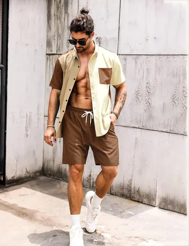Vista 5 de LecGee Conjunto de 2 piezas de camisa y pantalones cortos de manga corta con botones para hombre