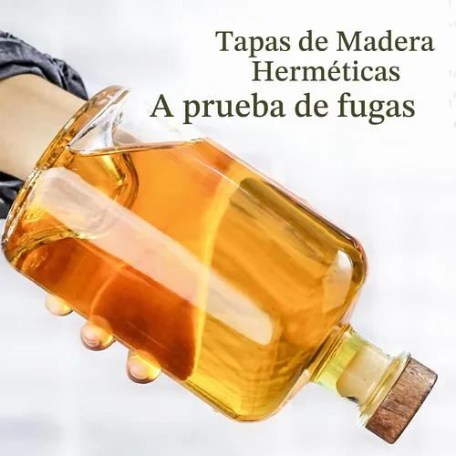 Vista 3 de Paquete de 2 botellas de licor de vidrio transparente de base pesada de 25 onzas con tapas de madera en T, botellas de vino transparentes, botellas