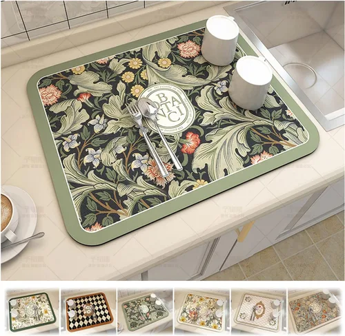 Vista 7 de Tapete de drenaje de estilo fantasía, tapete absorbente para secar platos, almohadillas de secado para encimera de cocina, platos florales vintage