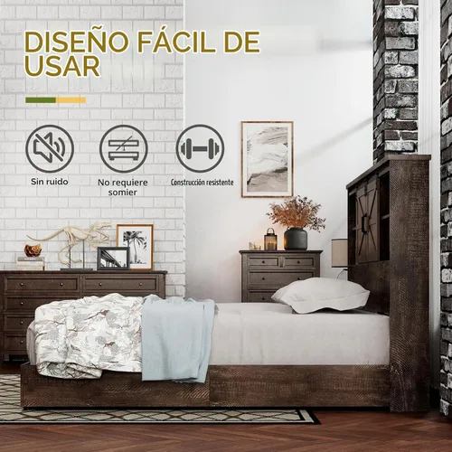 Vista 5 de HOWE Marco de cama de tamaño Queen con cabecera de estantería de 51.2 pulgadas, plataforma de madera con 2 cajones, puerta corrediza de granero