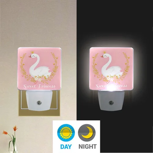 Vista 5 de Paquete de 2 lámparas LED de luz nocturna enchufables con impresión de princesa cisne con sensor de atardecer a amanecer para dormitorio, baño