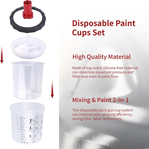 Vista 6 de Pistola pulverizadora HVLP con 10 tazas desechables de pintura de 600ML, kit de pistola pulverizadora de alimentación por gravedad para automóviles
